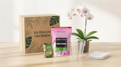I GIARDINI DI GIULIA - Kit Rinvaso Orchidee con Vaso Trasparente 14cm, Sottovaso, Terriccio Specifico con Bark e Concime Tutto Incluso