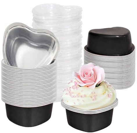 Tortiera A Cuore - Pirottini Da Forno In Foglio Di Alluminio Da 50 Pezzi | Stampo Da Dessert A Forma Di Cuore Per Budino Al Tiramisù | Contenitori Usa E Getta Per Pirottini Per Cupcake Di San Valentin