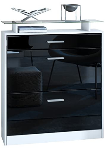 Vladon Schuhschrank Loret 89 x 104 x 23 cm Schuhkipper für 16 Paar Schuhe mit 1 Schublade, 1 Glasablage, Farben Weiß matt & Schwarz Hochglanz