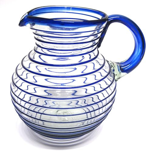 Mexican Blown Glass Pitcher Cobalt Blue Spiral by MEXHANDCRAFT
