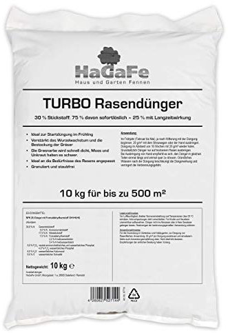 1 x 10kg HaGaFe TURBO Rasendünger mit 30% Stickstoff, Rasen – Dünger mit 120 Tage Langzeitwirkung, Stickstoffdünger, Dünger, sattes Turbo - Grün in einer Woche, 10kg für 500m²