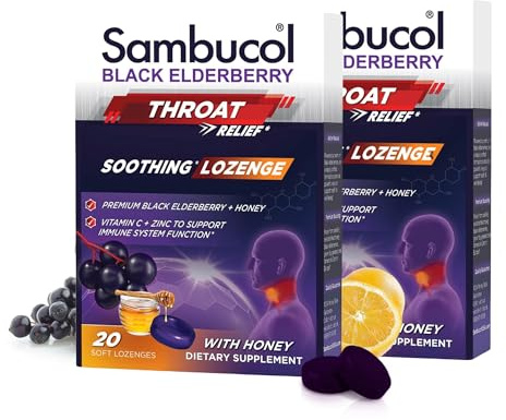 Sambucol Black Elderberry Throat Lozenge - Sore Throat Drops with Black Elderberry, Honey, Vitamin C & Zinc, Sore Throat Relief for Adults & Kids, Soothes Cough, Soft & Chewy - 20 Count, Pack of 2