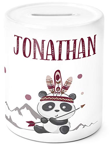 SpecialMe® Kinder Spardose mit Namen Panda Pandabär Boho Indianer Keramik Sparschwein für Jugnen & Mädchen weiß Unisize