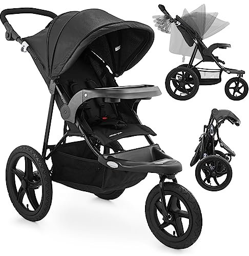 Moby-System Runner Mountain Dreirad-Kinderwagen mit Regenschutz, 15 kg Belastbar - Kinderwagen Zubehör Set mit 5-Punkt-Gurt, Reflektoren, Sichtfenster & Ablagekorb - Schwarz