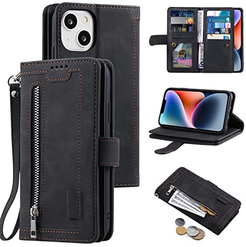 UEEBAI Hülle für iPhone 13 Mini, Retro Leder Klapphülle, Schwarz | Premium PU Handyhülle Magnetische Lederhülle mit 9 Kartenfächer Standfunktion Geldbörse Trageband Schutzhülle Wallet Case