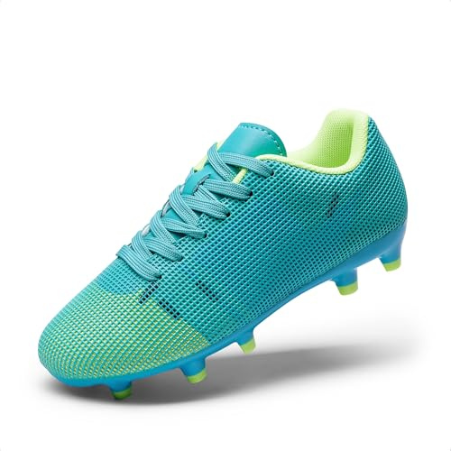 DREAM PAIRS Boys Girls Soccer Cleats Youth Firm Groud Athletic Outdoor Trainning Football Shoes for Little/Big Kid,Size 2 Big Kid,Blue/Neon Green,KKUMSO2508
