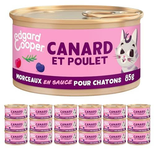 Edgard & Cooper Morceaux en Sauce pour Chaton Stérilisé, Canard Poulet 18 x 85g, Nourriture Humide Sans céréales, Pate Riche en protéines, Sans sucres ajoutés