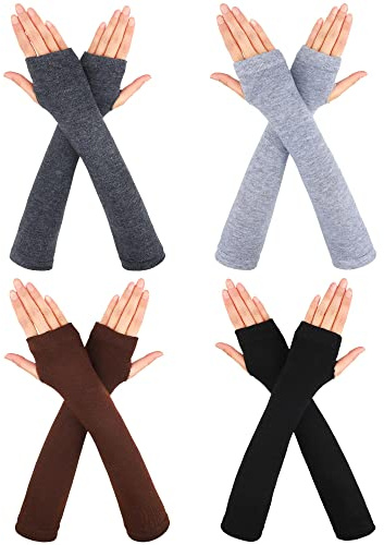 4 Paires Gants Longs sans Doigts Hiver Manchettes de Bras en Tricot Gants de Coude Extensible avec Trou de Pouce, 4 Couleurs