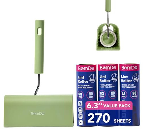 Extra Sticky Large Surface Lint Roller, 6.3'' Giant Lint Roller for Pet Hair, 270 Sheets/ 3 Refills, Long Handle Lint Remover for Clothes, Furniture, Dog & Cat Hair Remover