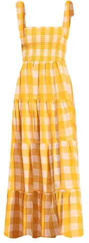kinstell Vestido Largo de Verano para Mujer, Estilo Bohemio, con Tirantes Finos, Escote Cuadrado, Volantes, Informal, Amarillo Plaid, S