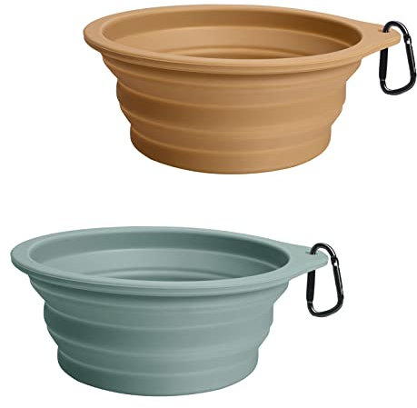 PetBonus Hundenäpfe Faltbar Hundenapf, 2 Stück Silikon Wassernapf für Hunde Unterwegs, Tragbar Auslaufsichere Reisenäpfe mit Karabiner für Hunde Katzen für Wasser und Futter (Türkis, Hellbraun)