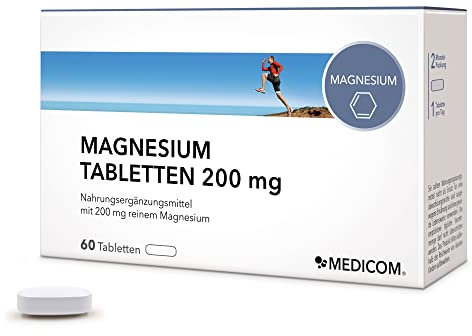 Medicom – Magnesium Tabletten 200 mg, Stärkt Muskelfunktion, Herzmuskel, Nervenfunktion, Energiestoffwechsel, Erhaltung der Knochen & Zähne & Körperflüssigkeiten, Vegan – 60 Tabletten