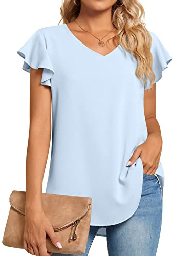 TAOHUADAO Womens Summer Casual Dressy Shirts V Neck Tunic Ruffle Short Sleeve Chiffon Tops Comfy Blouse Large, Light Blue