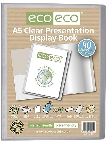 eco-eco Eco128 Präsentationsbuch, A5-Format, 50% recycelt, 40 Taschen, transparent, Präsentationsmappe mit Kunststoffhüllen
