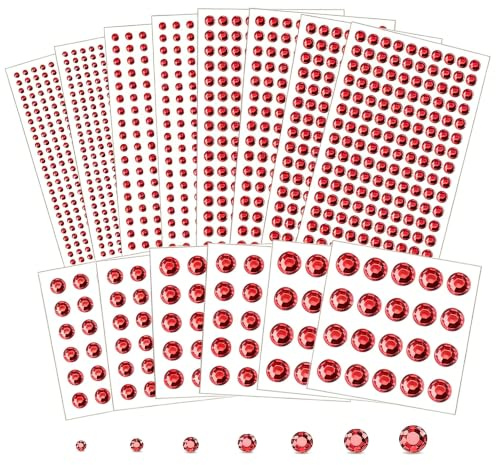2102pcs Face Gems Stick on, Self Adhesive Hair Jewels Rhinestones Stickers | Red, 7 sizes 14 sheets, acrylic bling rhinestone decals, for face hair nails makeup and DIY crafts