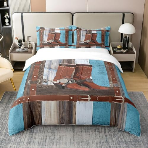 Western Cowboys Bettbezug,Brown Cowboy Schuhe Kuhfell Gürtel Dekor 100% Bio Baumwolle Bettwäsche Set 135x200,Rustikale Bauernhaus Tröster Abdeckung,Vintage Holz Plank Bett Sets mit 1 Kissenbezug