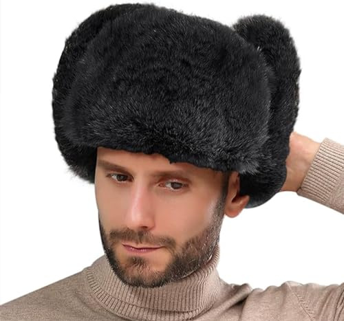 Hommes Chapka en Fausse Fourrure Thermique Chapeau de Trappeur Épais Doux Bonnet d'Hiver Russe avec Cache-oreilles Chaud Chapeau d'Aviateur Cosaque Coupe-vent Anti-froid pour Ski Patinage Chasse