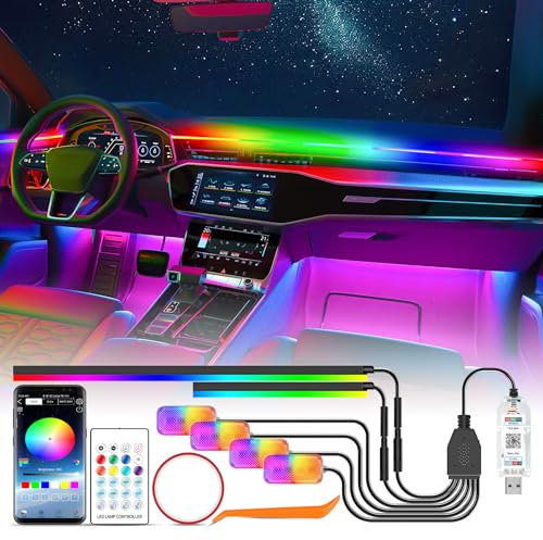 YAOBLUESEA Car interior lighting Strip, RGBIC RGB LED Rainbow Ambient Lights with Remote Control/USB/APP Control, Atmosphere Light with Music and Footwell Lighting Decoration, (‎1-5LGX)