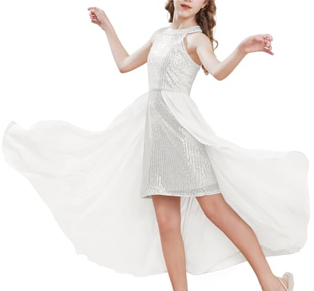 GRACE KARIN Mädchen Neckholder Glitzer Paillettenkleid Ärmellos A-Linien Blumenmädchenkleider für Hochzeits Süßes Festliches Kleid