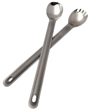 RISON-Titanium 2pcs Posate Campeggio Titanio, Cucchiaio Manico Lungo e 2-in-1 Cucchiaio Forchetta con Finitura Lucida, Cucchiaio da Caffè Forchette da Frutta Pasta Ultraleggeri, Posate da Viaggio