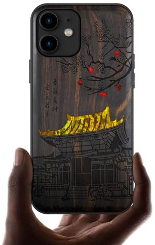 Carveit Coque Compatible avec iPhone 11 Étui en Bois Cover [Gravure en Bois et Incrustation de Coquille] Case pour 11 Coque Premium (Bois Sombre-Temple Traditionnel)