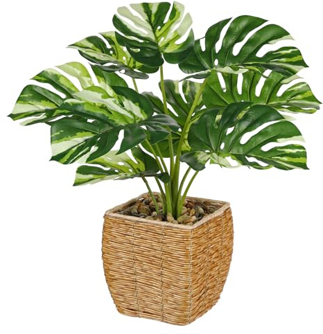 39CM Artificial Plants Rubber Plant Variegated Monstera in Woven Basket, Faux Plants Indoor Decorative Tropical Fake Plants Aesthetic Room Décor Plants for Bedroom Office Home Desk Decoration