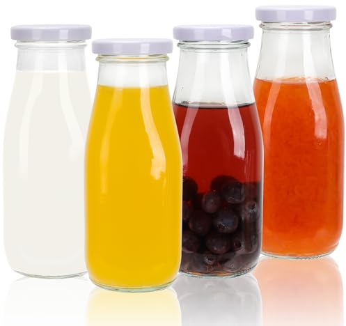 SHiZAK 4 Pack 11 oz / 330 ml Clear Glass Milk Bottles with Lids (Tinplate). Glass Drinking Bottles for Juicing,Water,Honey. Vintage Jars With Labels and Pen