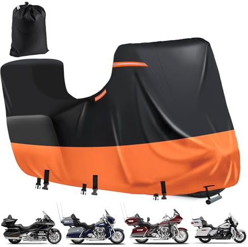 Waterproof Motorcycle Cover with Side+Top Box,600D Heavy Duty Outdoor Motorcycle Cover for Touring Models Ultra Limited,Road Glide Limited,Glold Wing,Roadmaster (118 x 44 x 56 Black-Orange)