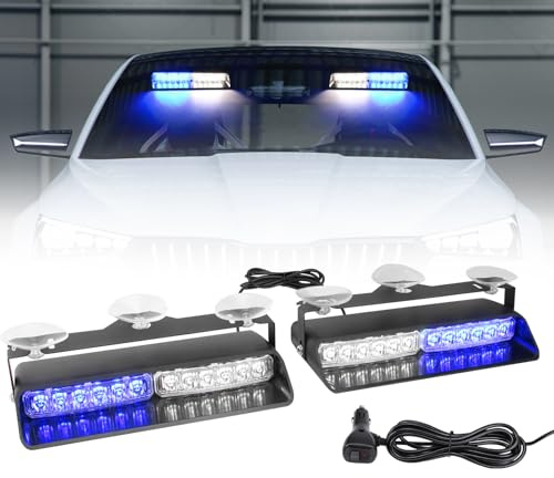 Afurkuot - Luces estroboscópicas LED azul y blanca 2 en 1 para parabrisas y salpicadero, 2 x 21.3 cm de luz interior para ventana, 26 modos, 12/24V, luces de emergencia, asesor de tráfico, para