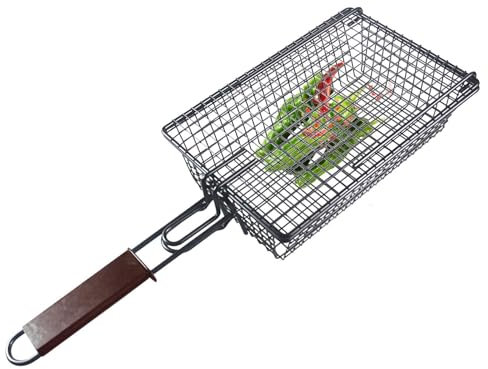 Cestino per barbecue – Griglia antiaderente – Manico pieghevole – Cesto di pollo antiaderente – Cesti per griglia per barbecue all'aperto – Cestino per griglia con manico pieghevole per gamberetti