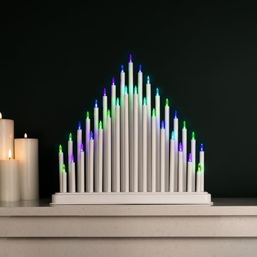 Marco Paul Ponte di candele natalizie con 33 candele finte a tubo, arco di Natale bianco con luci multicolori, decorazione luminosa festiva, centrotavola e ornamento per finestra