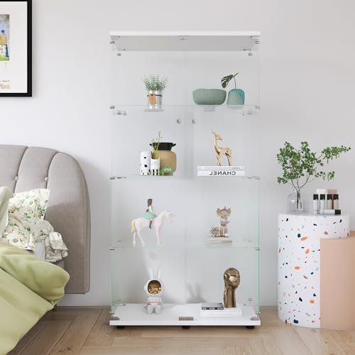 Glasvitrine mit Spiegel, 4 Ebenen, Glasvitrine mit LED und Schloss, transparent, Glasschrank mit 2 Türen, Sammlervitrine für Schlafzimmer, Wohnzimmer (Weiß, ohne LED)
