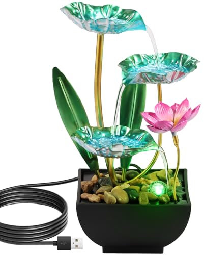 Indoor Water Features with LED Lights, Water Lily Style Tabletop Water Fountain With Pebbles, USB Charging Desk Waterfall Fountain Ornament, Indoor Water Fountain Decor for Bedroom Office