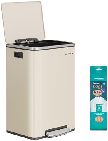 SONGMICS Poubelle de Cuisine 50 L, avec 15 Sacs Poubelle, en Acier, Seau Intérieur Amovible en Plastique, avec Couvercle, Poignées, Fermeture en Douceur, Couleur Crème LTB595A02