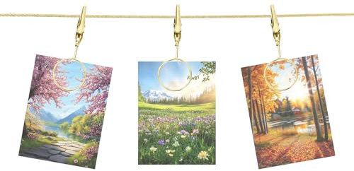 QUARKZMAN Cavo in Acciaio per Appendere Foto al Muro con 10 Clip Rotondo, Asta Regolabile da 5 Ft per Appendere Cornici Foto Collage Decorativo da Muro per Cartoline Arte Oro