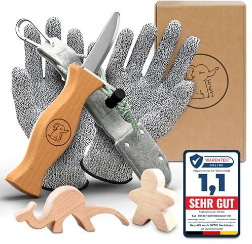 Eli® Snidkniv barn med filtväska från 6 år – högkvalitativ barnkniv snideri set inklusive skärbeständiga handskar – barnsnideri – snideri – utomhuskniv – grå