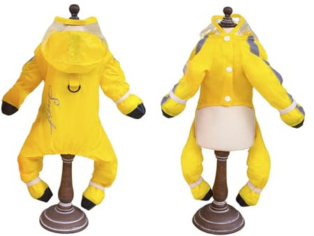 Hunde-Regenmantel mit Regenstiefeln, wasserdicht, All-Inclusive-Hundeponcho, Overall mit D-Ring, Welpen, vierbeinig, Zupf-Regenbekleidung für kleine, mittelgroße Hunde, Größe XXL (Gelb)