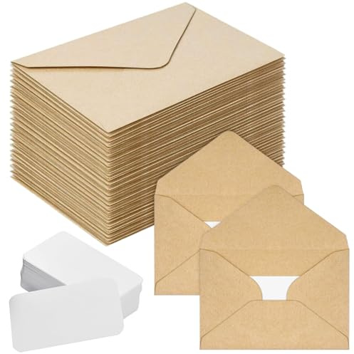 Kraftpapier Umschläge 100 Stück - Briefumschläge Kraftpapier mit Karten, Braun Briefumschläge, Mini Vintage Kraft Umschlag für DIY, Weihnachtskarten, Geburtstagskarten, Dankeskarten Einladung