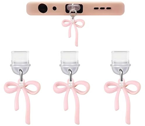 Leseogye 3Pcs USB C Dust Plug, Pink Bow Type-C Port Cover, Plastic USB C Protector for Cell Phone Tablet, Type-C Dust Plug With Bow Pendant