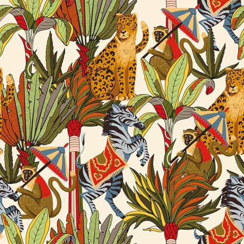 ReWallpaper Papier Peint Adhesif Meuble Animaux Film Autocollant Decoratif Tropical Coloré pour Armoire Escalier 44.5CMx3M Papier Peint Mural Enfant avec Motif Feuille Guépard Zèbre Vert