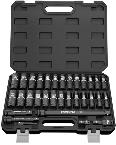OTLOOMTBT 32PCS 1/2 Drive Impact Socket Set - Heavy Duty Industrial-Grade Deep Sockets, Metric/SAE Full Set with Extension Bar, Cr-V Steel Corrosion-Resistant Coating & Premium Storage Case