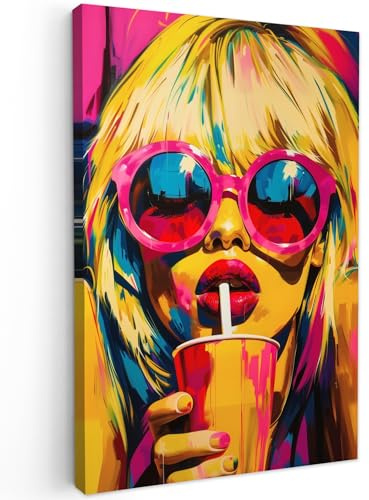 MuchoWow© Quadro Su Tela Grandi Dimensioni Quadri Moderni Soggiorno Stampa | 80x120 cm - Di Foto Decorazione Camera Letto Da Parete Con Cornice Dipinti Occhiali Da Sole - Donna - Rosa - Cannuccia