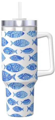 Gobelets isothermes de 1,2 l avec poignée et paille - Grande bouteille d'eau de sport - Pichet à glace - Tasse à glace - Imprimé peinture de poisson