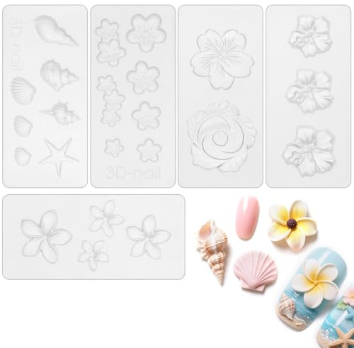 Tinoaly 5stk Silikon-Nagelformen, 3D-Gel-Nagelkunstform Muschel Plumeria Rose Kirschblüte Prunkwinde Blumenformen für Nageldesign Maniküre-Dekoration (5 Stile)