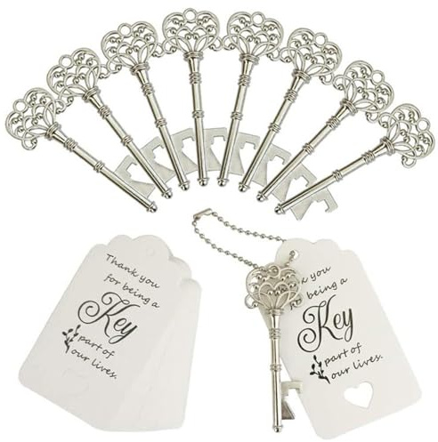50Pcs Vintage Key Bottle Openers with Tag Card Rustic Wedding Birthday Party Favours Decoration (Silver)