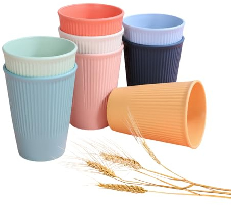 mumisuto Lot de 16 Gobelet plastique reutilisable, wheat cup, ecocup, anti-brûlure, facile à ranger, robuste et épais, pour le camping, les pique-niques, les fêtes dans le jardin (8 couleurs)