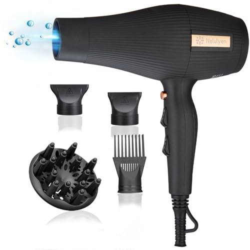 Sèche cheveux avec diffuseur, sèche-cheveux ionique, 2400 W, avec 2 embouts concentrateurs, 1 diffuseur, 1 embout peigne pour salon à domicile (noir)