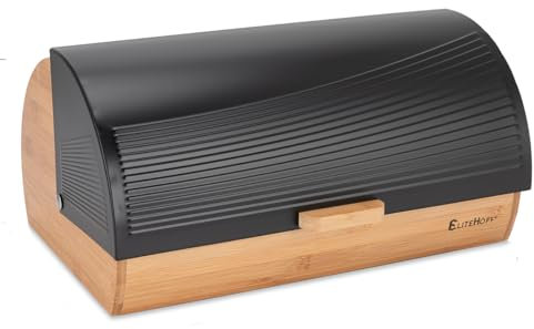 EliteHoff Brotkasten Bambus Metall | Bamboo mit Rolldeckel - Brotbehälter Schwarz - Brotbox mit Deckel für Backwaren, Brotaufbewahrungsbox Edelstahl für Brot, Brötchen ca. 39x26x19cm