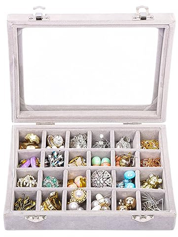 Kurtzy Organizer Gioielli Espositore Anelli in Velluto Grigio (24 Griglie) L20,2 x P15,1 x A4,6 cm - Porta Anelli Espositore con Coperchio in Vetro - Espositore per Anelli, Orecchini e Braccialetti