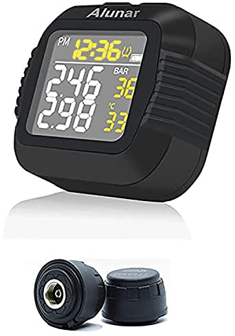 ALUNAR Moto TPMS Sistema inalámbrico de monitoreo de presión de neumáticos Succión magnética USB Pantalla Digital LCD Grande 12/24 h Tiempo preciso 2 Puntos decimales 2 sensores externos